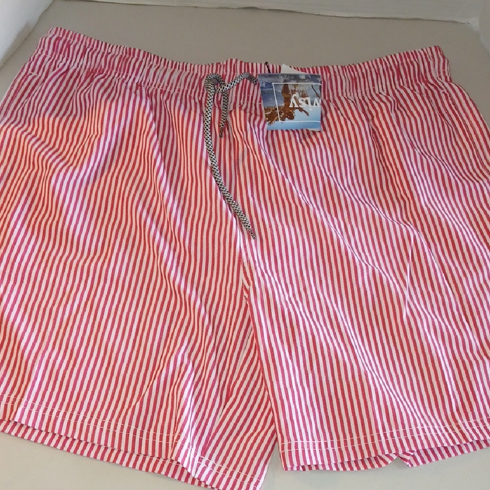 Red and White Striped Swim Shorts